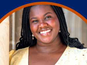 Headshot of Aisha Mane on a decorative Duke background.